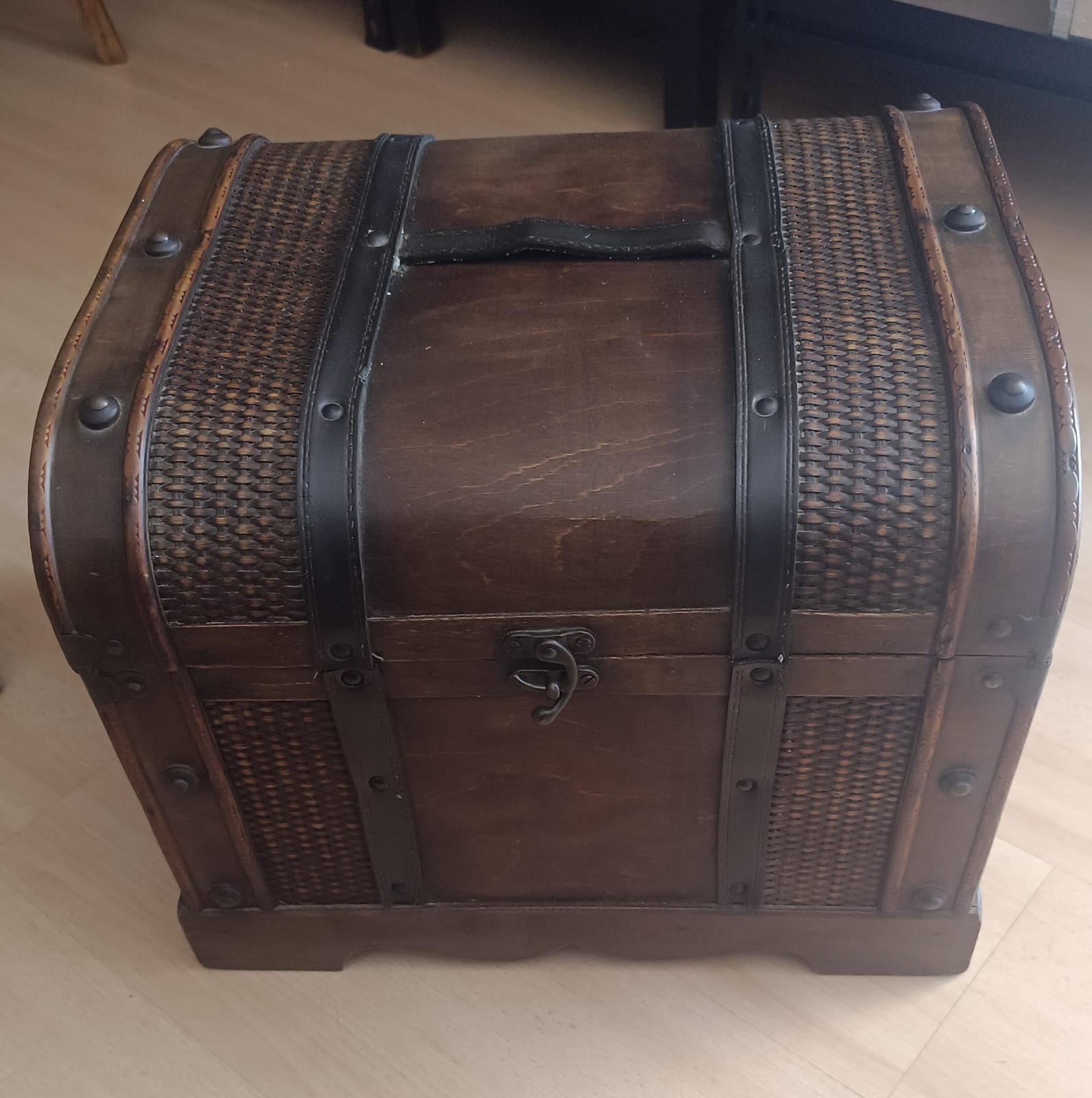 Decorative Wooden Storage Chest with Woven Inlay