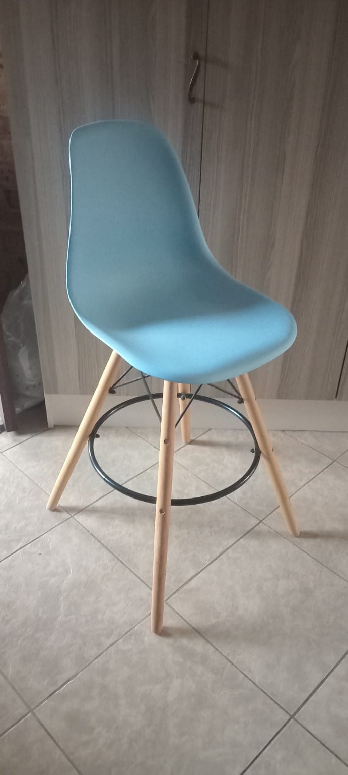 Eames-style moulded plastic bar stool, blue