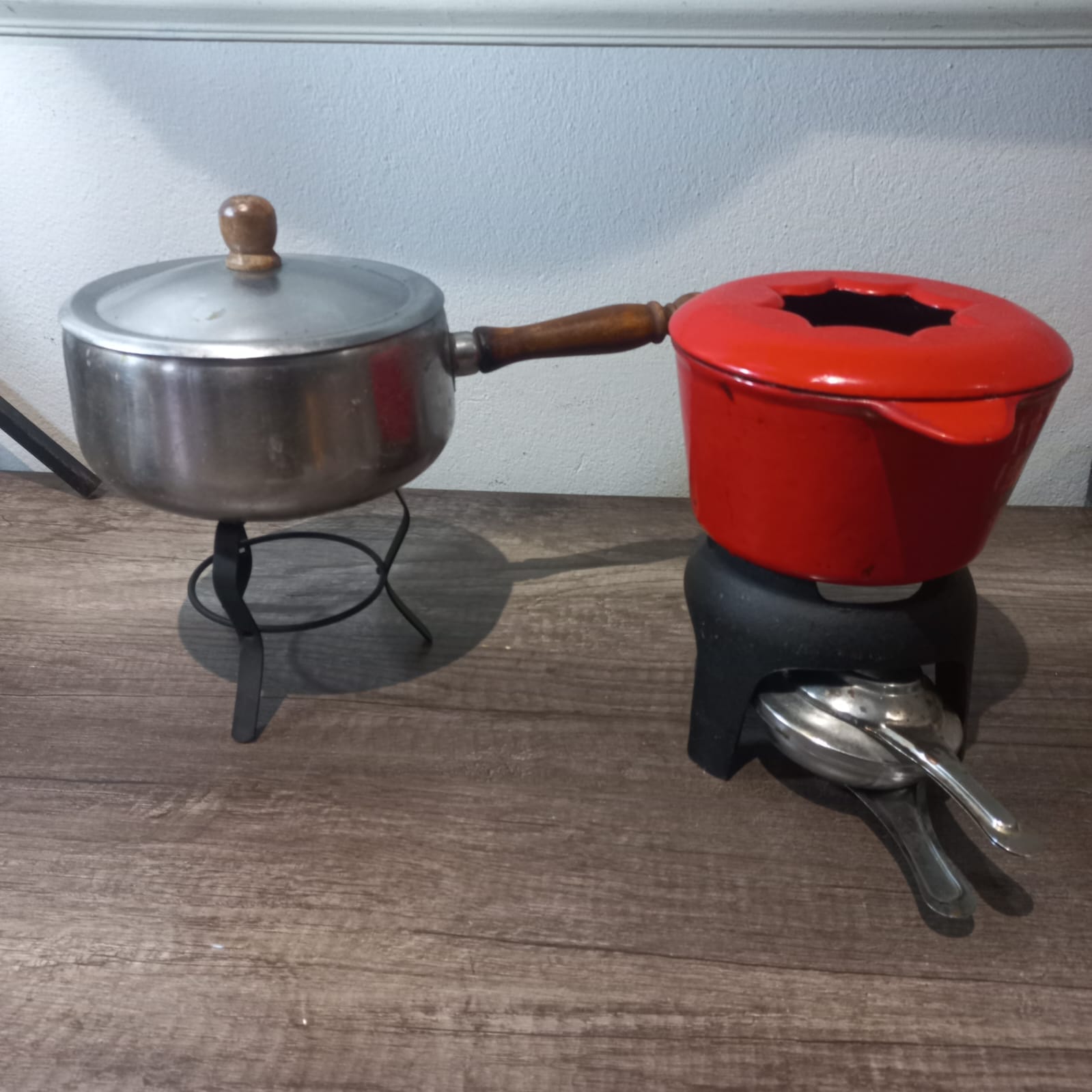 Set of Two Vintage Fondue Pots with Stands