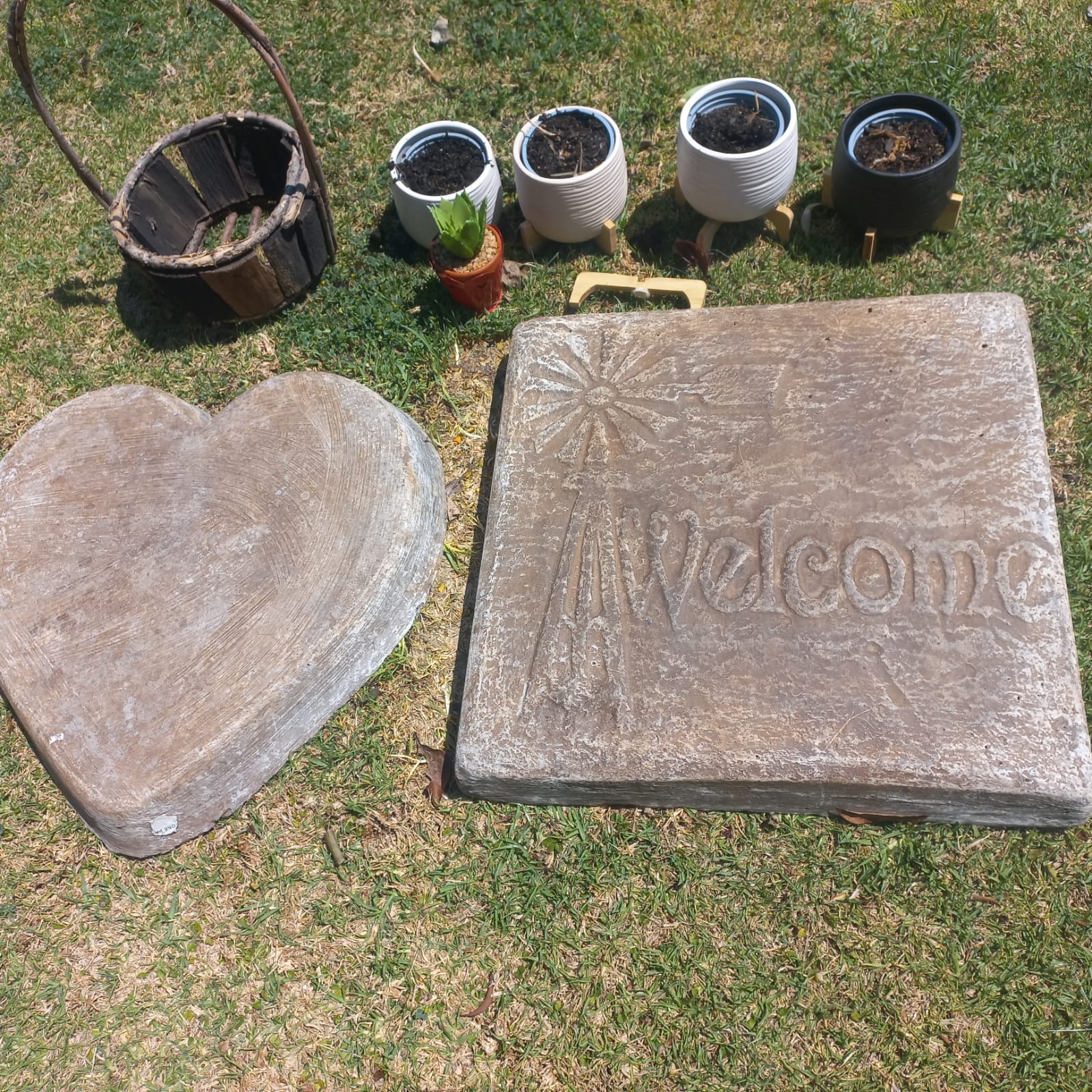 Garden Decor Bundle: Concrete Pavers, Planters, and Basket
