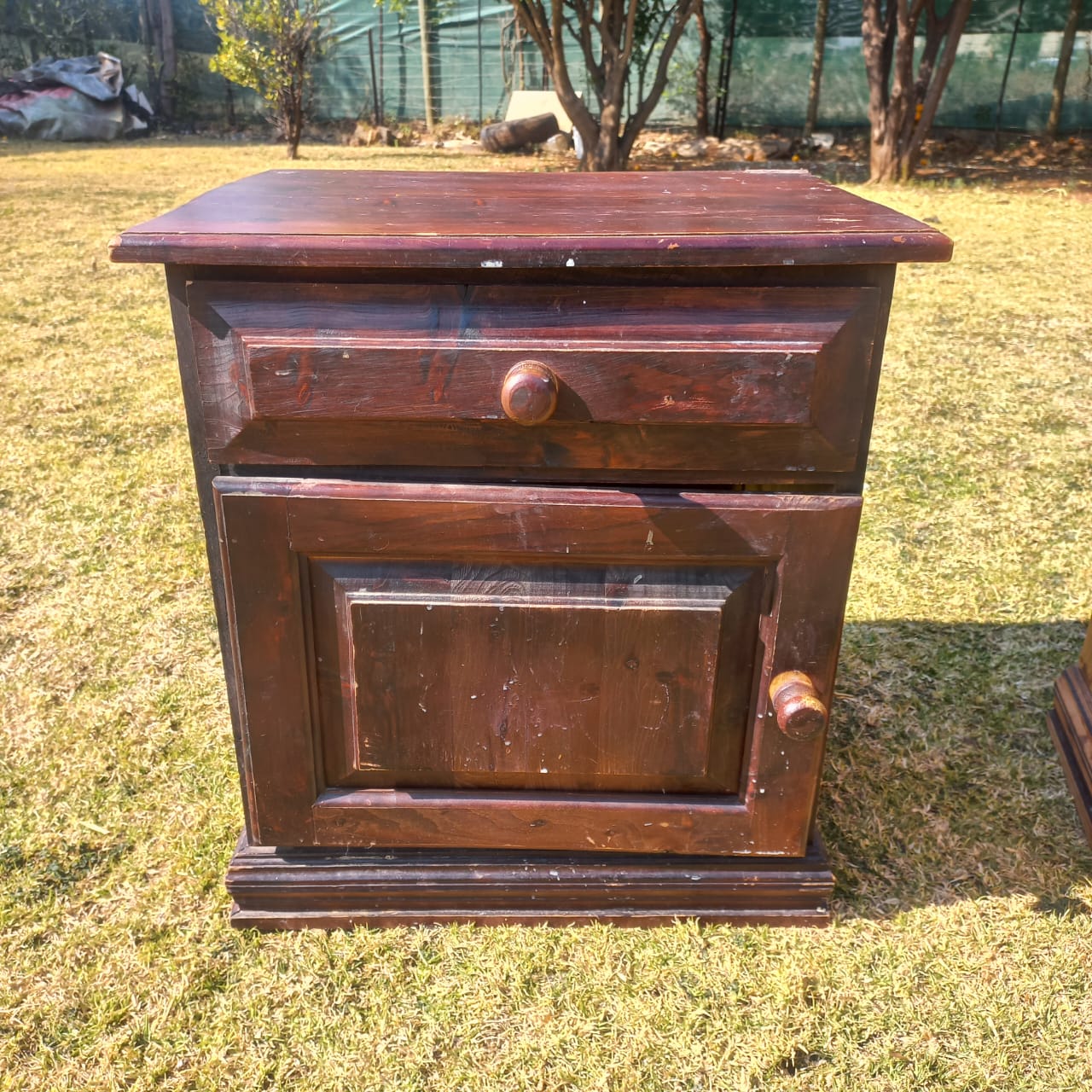 Dark Stained Wooden Pedestal with Drawer and Cupboard