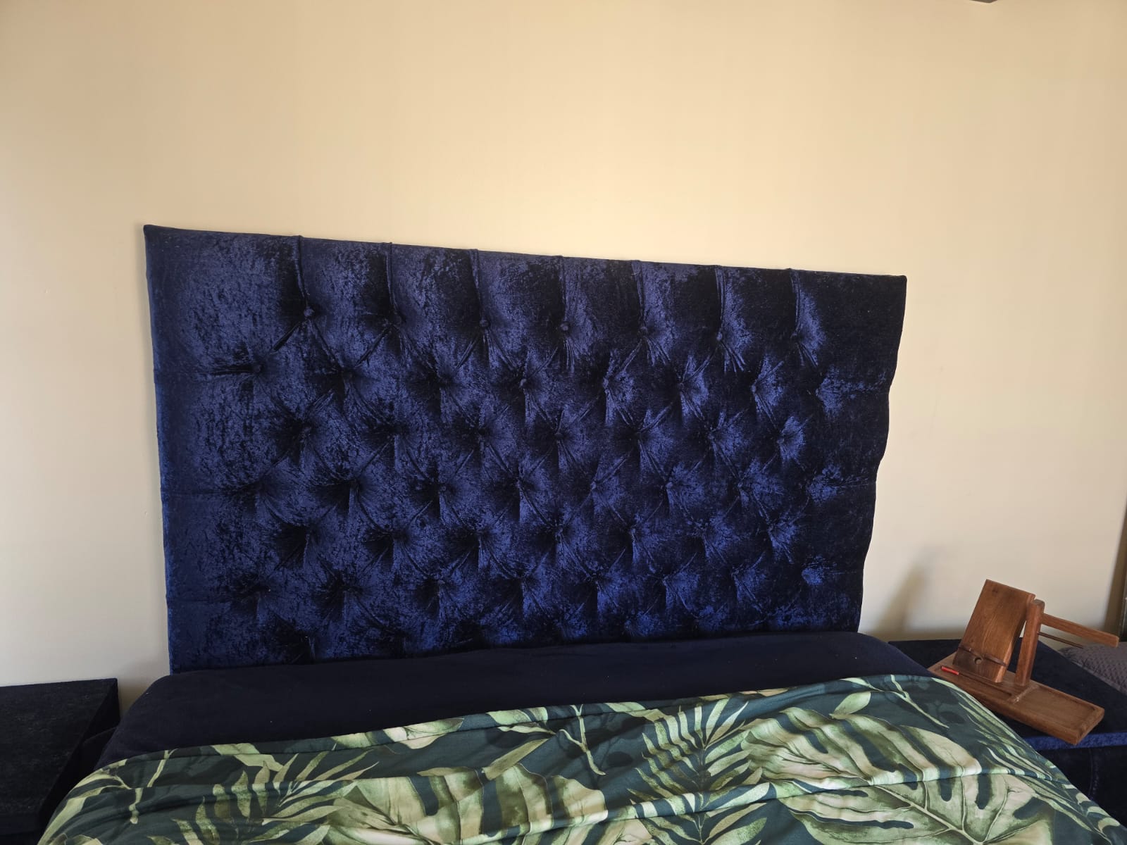 Button-Tufted Navy Velvet Headboard and Bedside Pedestals