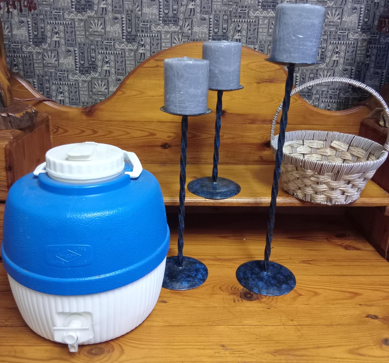 Willow 5L Water Jug, 3 Metal Candle Holders and Wicker Basket