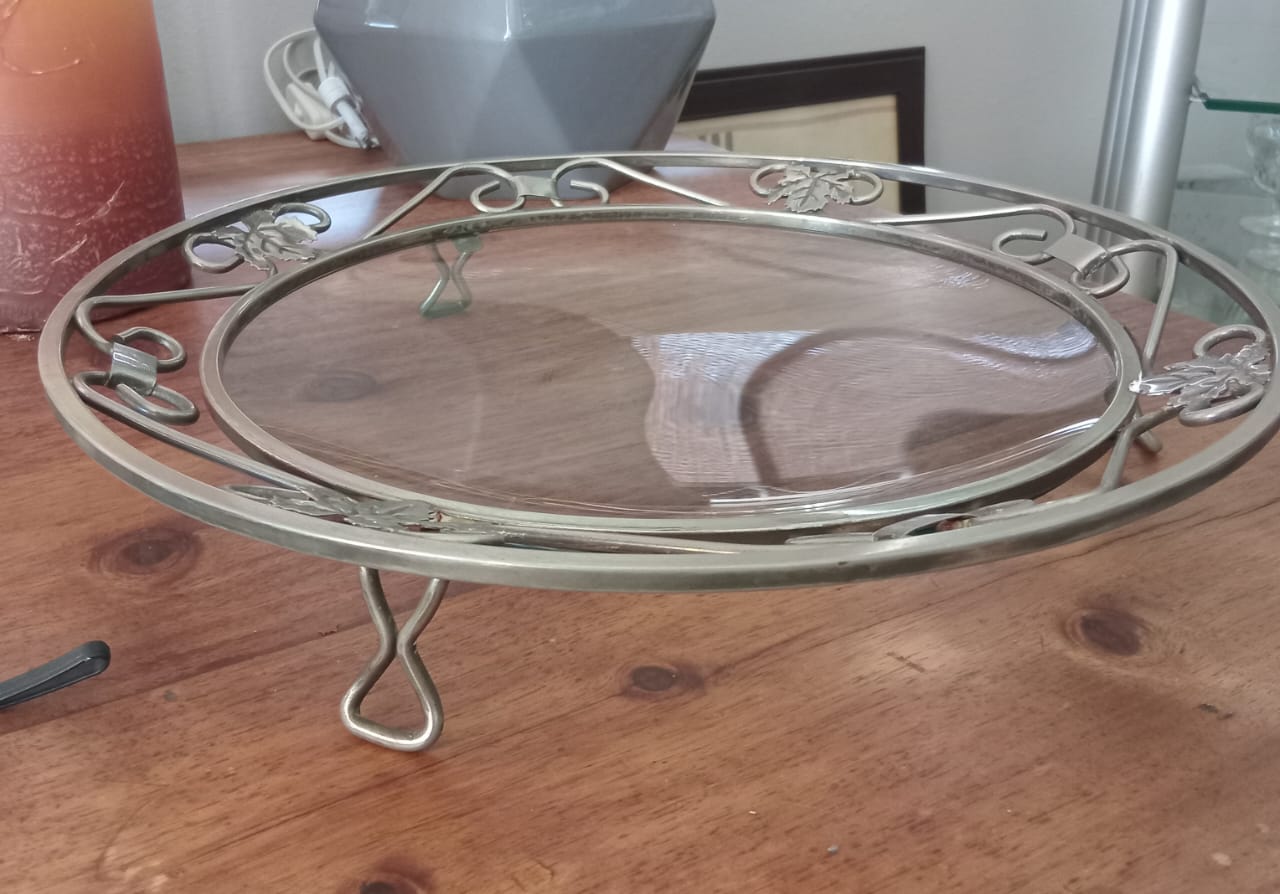 Decorative Circular Metal Serving Tray with Glass Insert