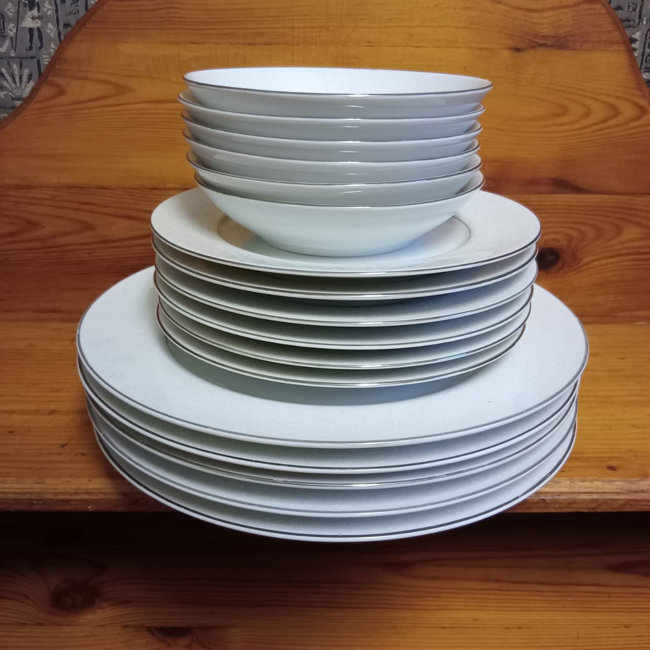 Set of White Ceramic Dinnerware with Silver Trim - SET 1