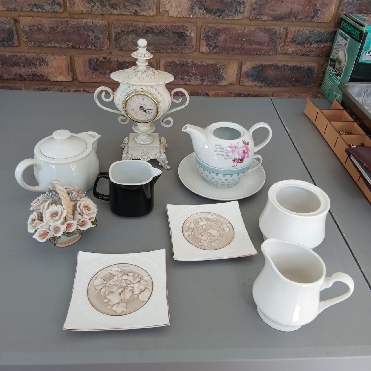 Decorative Mantel Clock and Assorted Ceramic Tableware Bundle