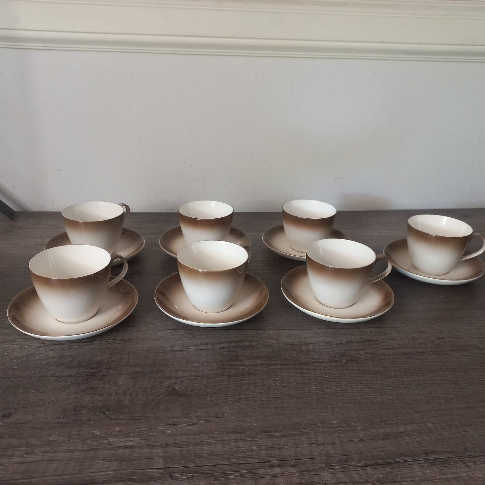 Set of 7 Brown Ombré Tea Cups and Saucers