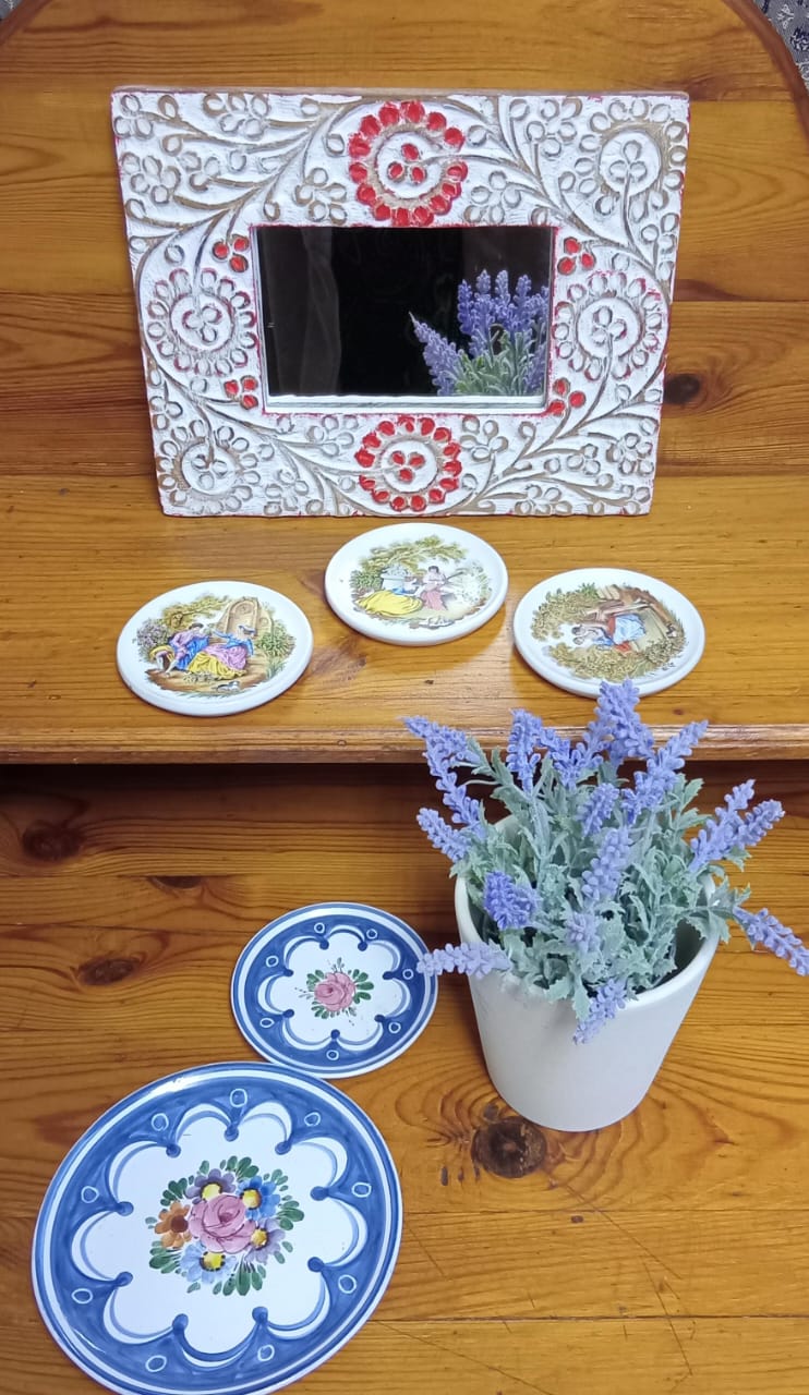 Decorative Mirror, Assorted Ceramic Plates and Artificial Plant Bundle